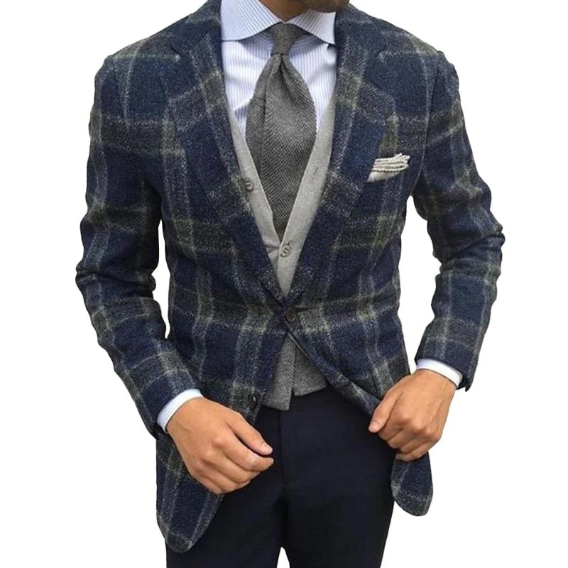 Men's Classic Plaid Wool Blended Notched Lapel Sin...