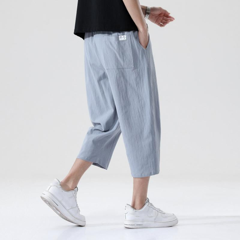 Men's Casual Cotton Linen Elastic Waist Loose Cropped Pants 99636076M