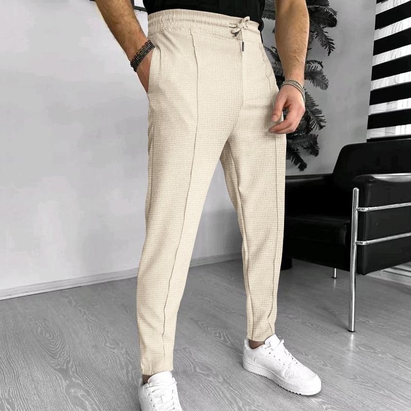 Men's Solid Waffle Elastic Waist Slim Casual Trousers 33746822Z