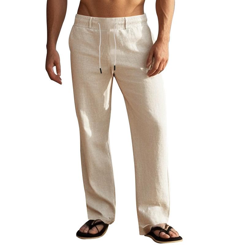 Men's Solid Cotton And Linen Loose Straight Elastic Waist Casual Pants 14285248Z