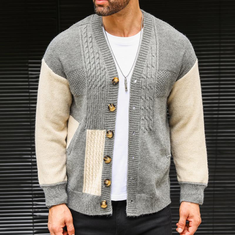 Men's Colorblock V-neck Cardigan Knitted Jacket