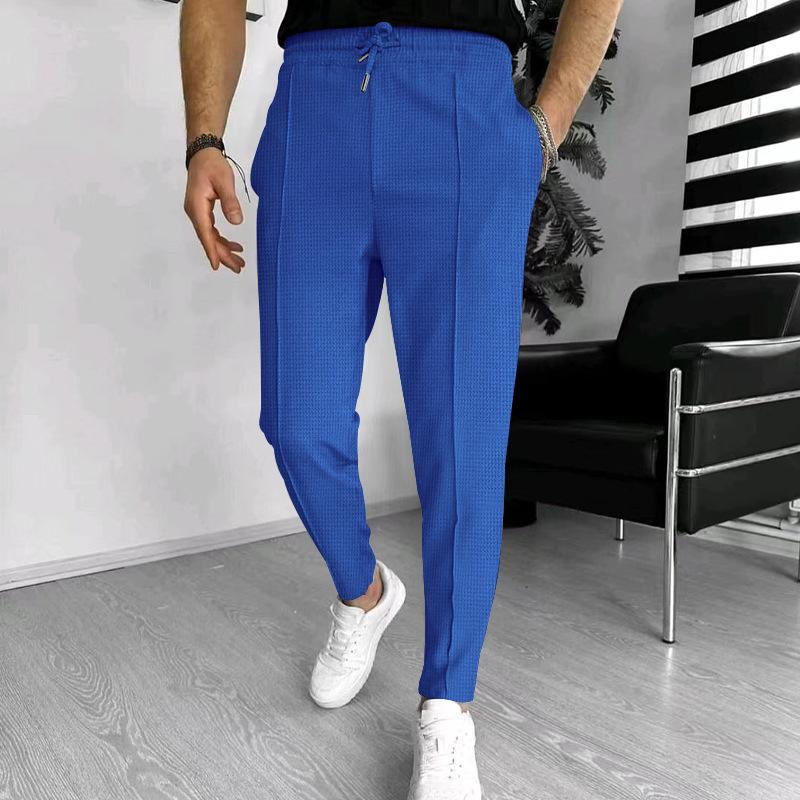 Men's Solid Waffle Elastic Waist Slim Casual Trousers 33746822Z