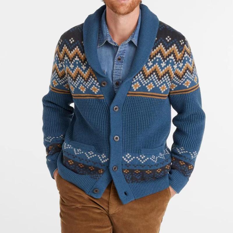 Men's Vintage Lapel Jacquard Long Sleeve Cardigan