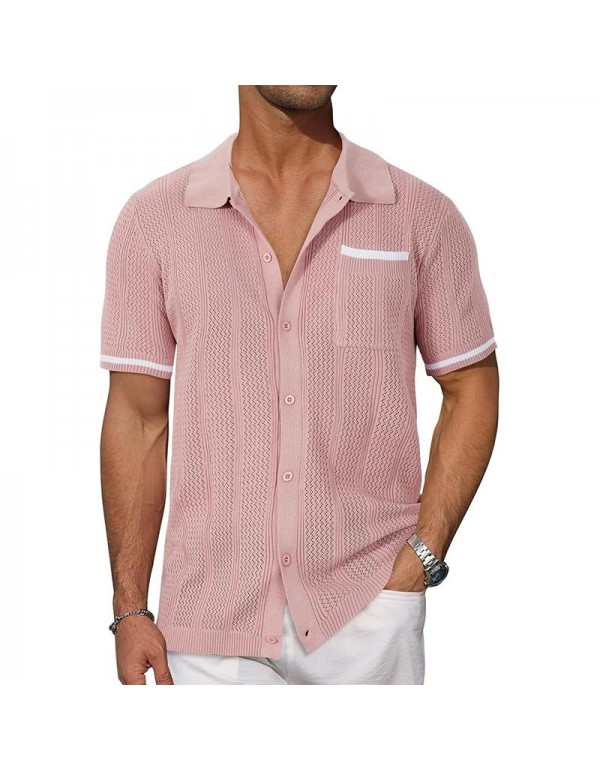 Men's Casual Color Block Lapel Hollow Knitted Short-Sleeved Cardigan 92661052M