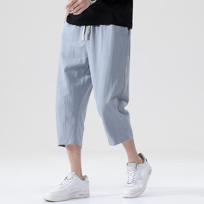 Men's Casual Cotton Linen Elastic Waist Loose Cropped Pants 99636076M