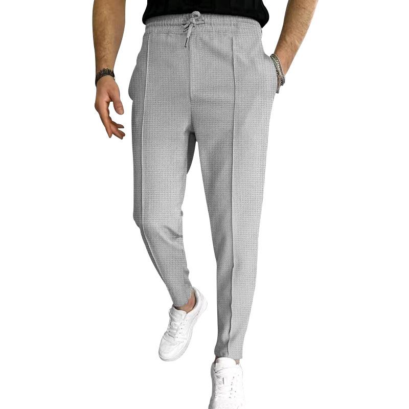 Men's Solid Waffle Elastic Waist Slim Casual Trousers 33746822Z