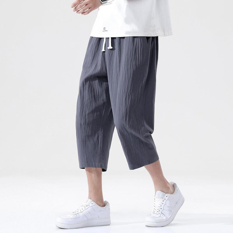 Men's Casual Cotton Linen Elastic Waist Loose Cropped Pants 99636076M