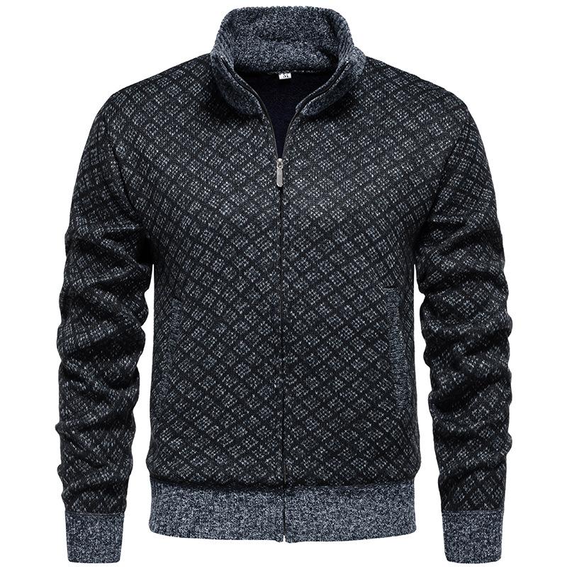 Men's Jacquard Plush Stand Collar Long Sleeve Knitted Cardigan