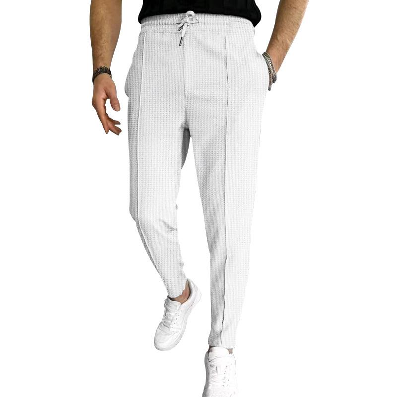 Men's Solid Waffle Elastic Waist Slim Casual Trousers 33746822Z