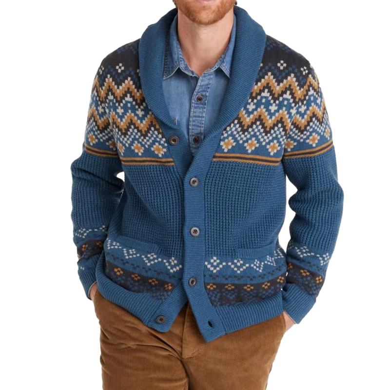 Men's Vintage Lapel Jacquard Long Sleeve Cardigan