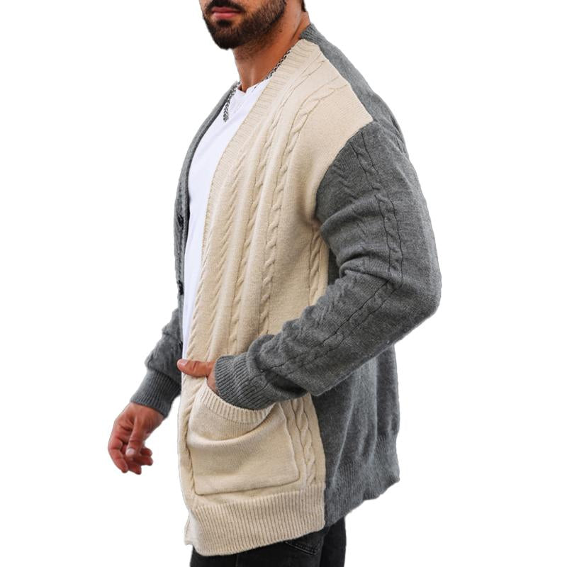 Men's Retro Colorblock V-Neck Cardigan Knitted Jacket