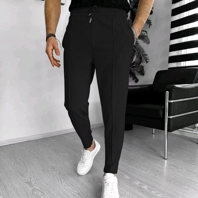 Men's Solid Waffle Elastic Waist Slim Casual Trousers 33746822Z