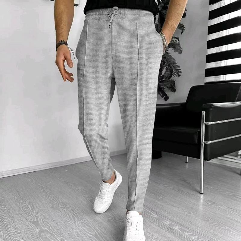 Men's Solid Waffle Elastic Waist Slim Casual Trousers 33746822Z