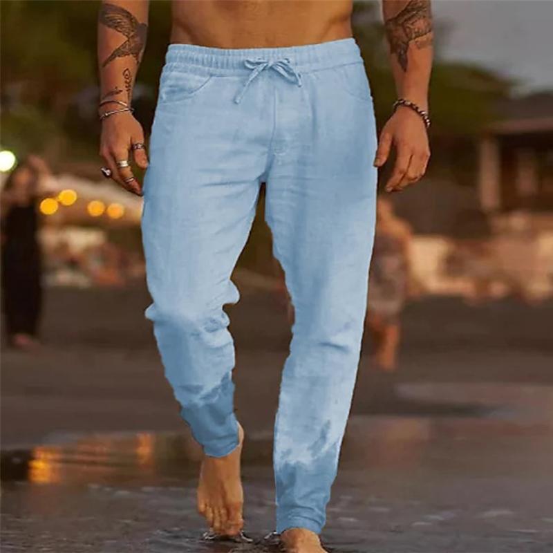 Men's Casual Solid Color Drawstring Elastic Waist Loose Beach Pants 31939183M