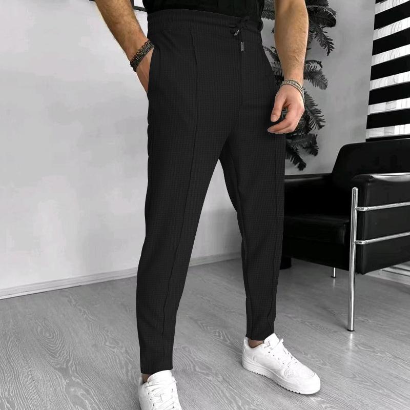 Men's Solid Waffle Elastic Waist Slim Casual Trousers 33746822Z