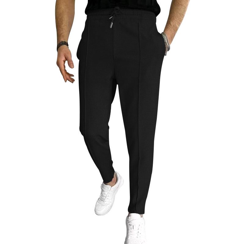 Men's Solid Waffle Elastic Waist Slim Casual Trousers 33746822Z