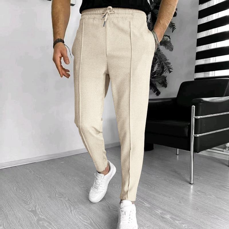 Men's Solid Waffle Elastic Waist Slim Casual Trousers 33746822Z