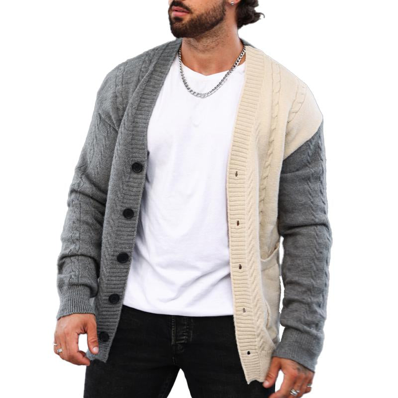 Men's Retro Colorblock V-Neck Cardigan Knitted Jacket