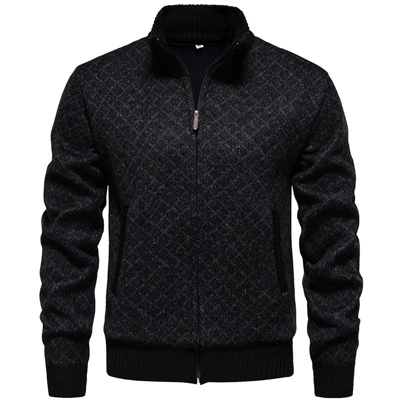 Men's Jacquard Plush Stand Collar Long Sleeve Knitted Cardigan