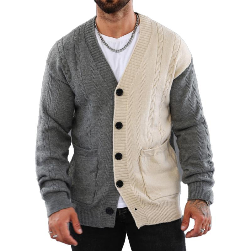 Men's Retro Colorblock V-Neck Cardigan Knitted Jacket