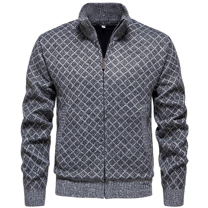 Men's Jacquard Plush Stand Collar Long Sleeve Knit...