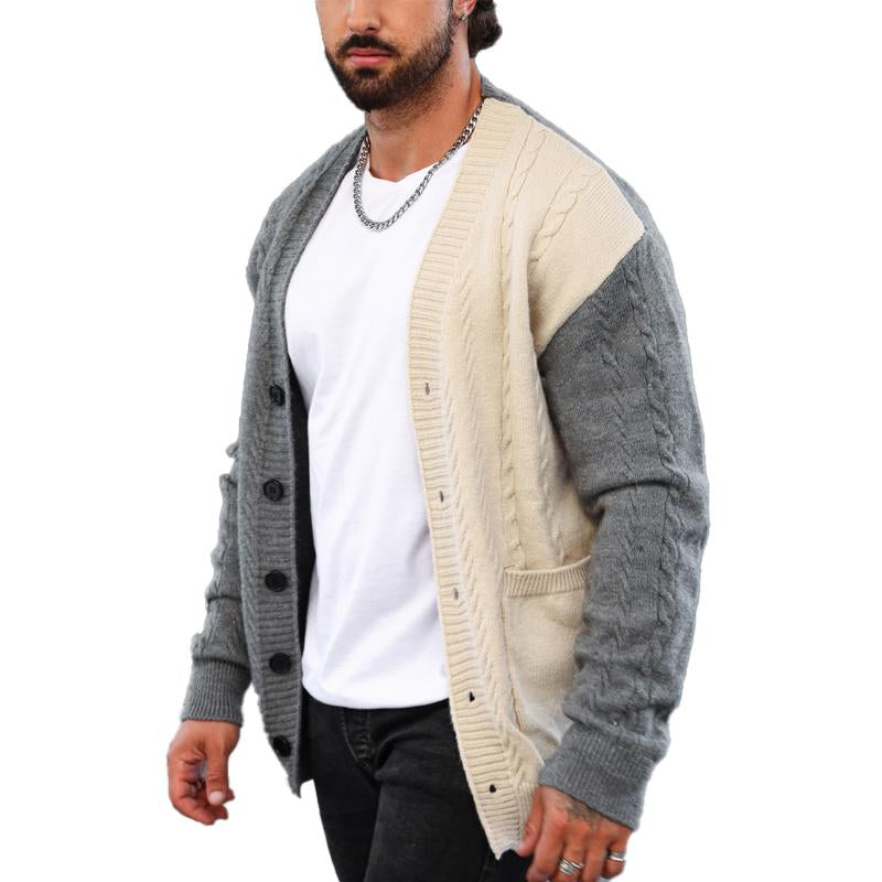 Men's Retro Colorblock V-Neck Cardigan Knitted Jacket