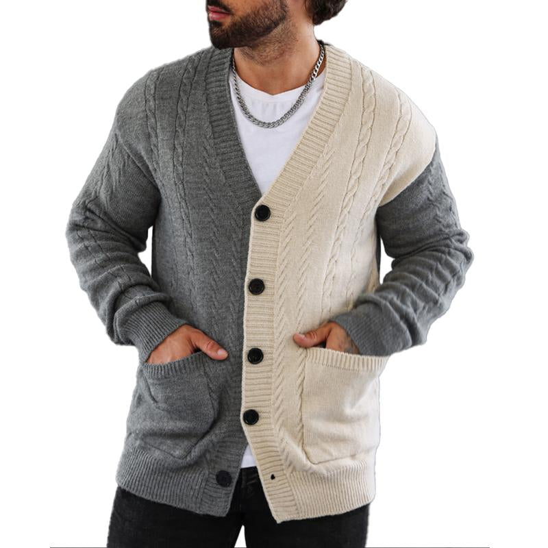 Men's Retro Colorblock V-Neck Cardigan Knitted Jac...