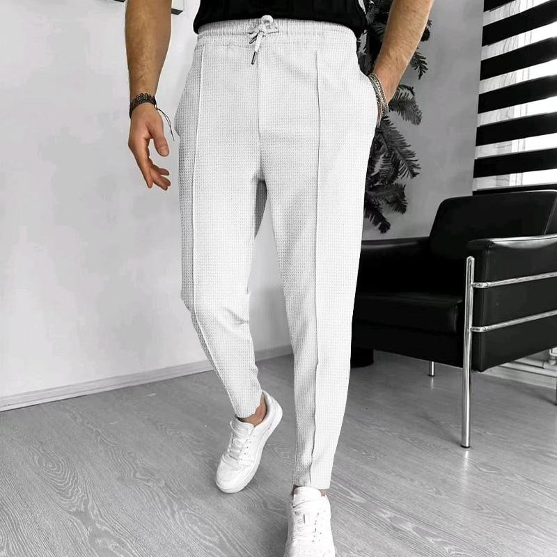 Men's Solid Waffle Elastic Waist Slim Casual Trousers 33746822Z