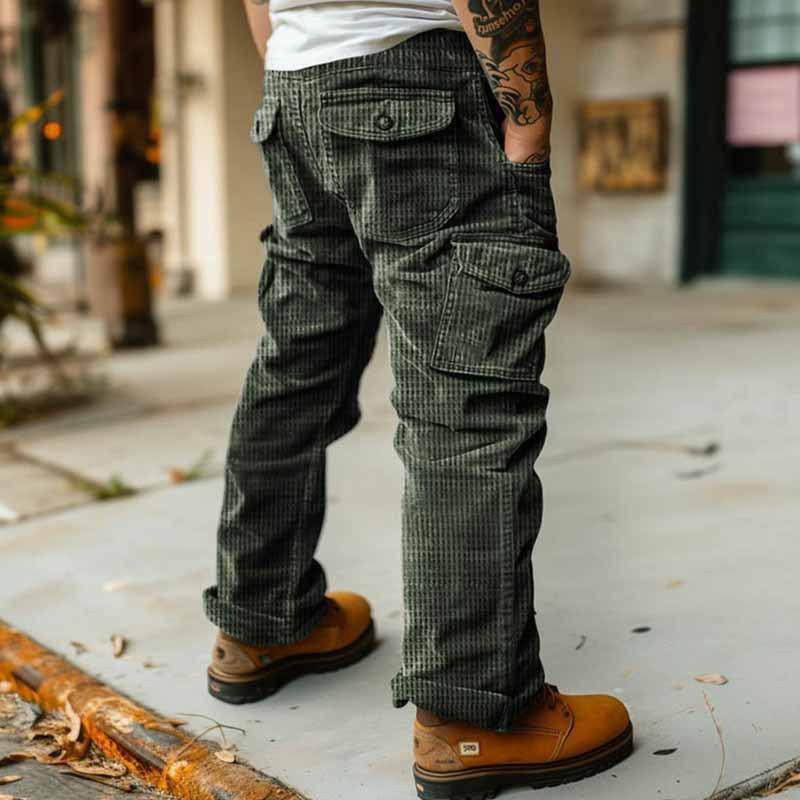 Men's Solid Corduroy Multi-pocket Straight Cargo Pants