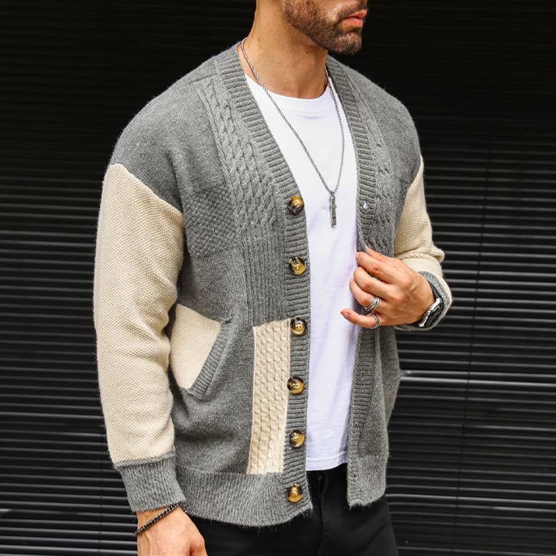 Men's Colorblock V-neck Cardigan Knitted Jacket