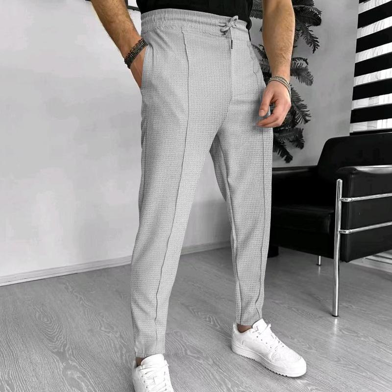 Men's Solid Waffle Elastic Waist Slim Casual Trousers 33746822Z