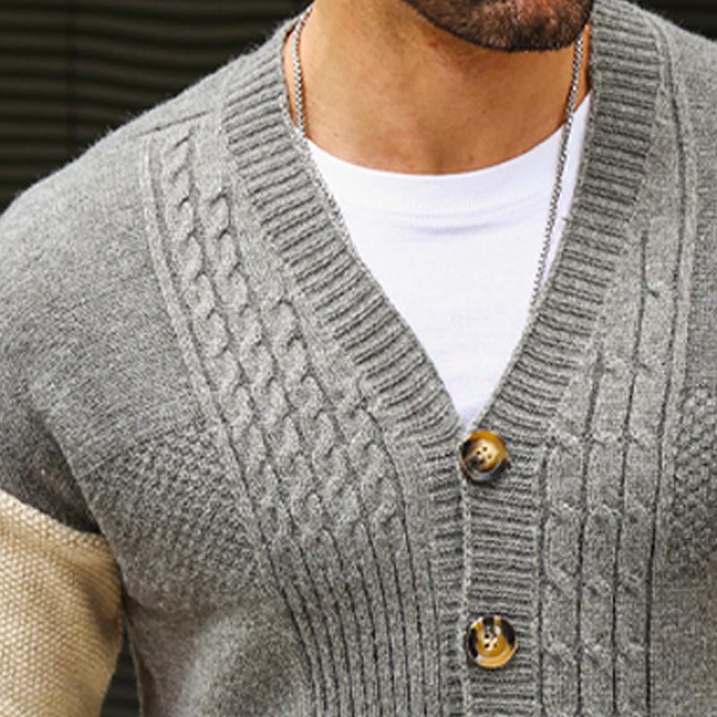 Men's Colorblock V-neck Cardigan Knitted Jacket