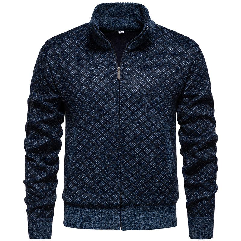 Men's Jacquard Plush Stand Collar Long Sleeve Knitted Cardigan