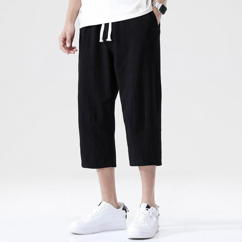 Men's Casual Cotton Linen Elastic Waist Loose Cropped Pants 99636076M