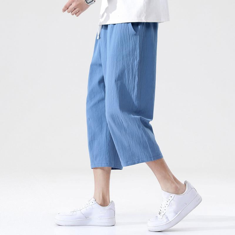 Men's Casual Cotton Linen Elastic Waist Loose Cropped Pants 99636076M