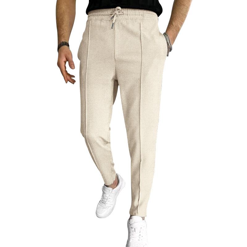 Men's Solid Waffle Elastic Waist Slim Casual Trousers 33746822Z