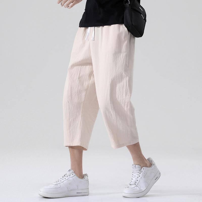 Men's Casual Cotton Linen Elastic Waist Loose Cropped Pants 99636076M