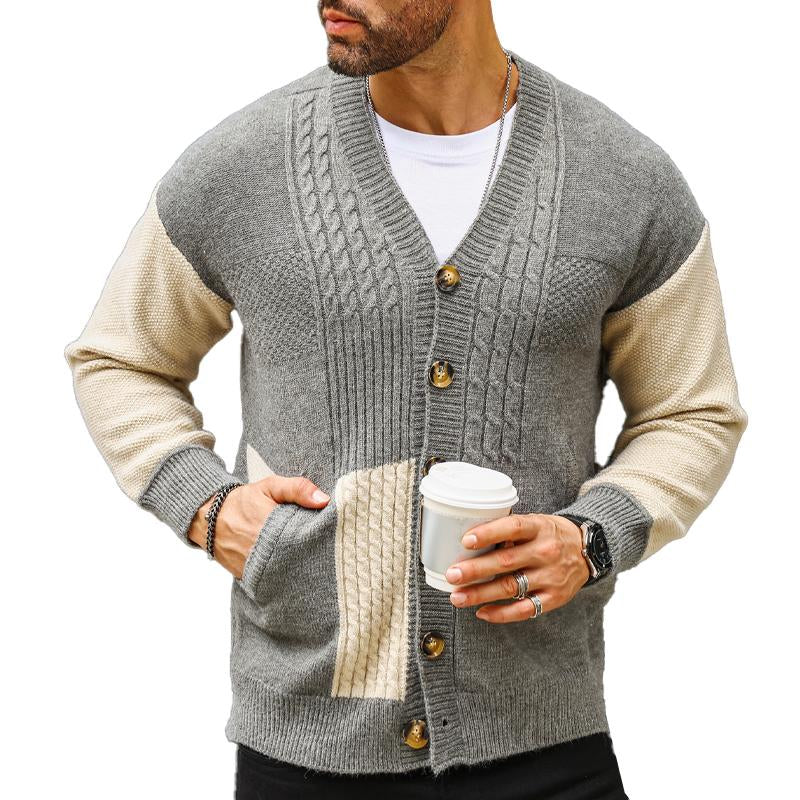 Men's Colorblock V-neck Cardigan Knitted Jacket