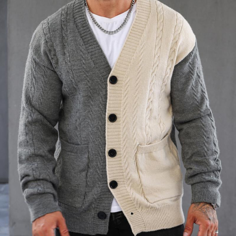 Men's Retro Colorblock V-Neck Cardigan Knitted Jacket