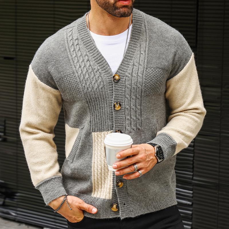 Men's Colorblock V-neck Cardigan Knitted Jacket