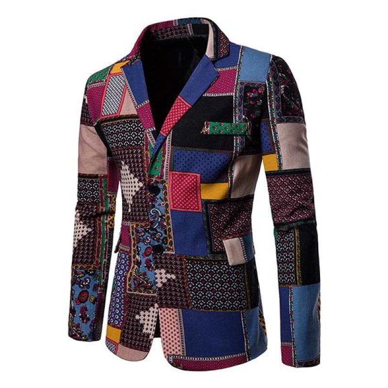 Men's Lapel Ethnic Print Long Sleeve Thin Blazer 1...