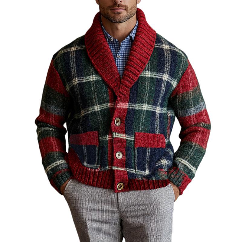 Men's Retro Christmas Colorful Plaid Lapel Single-...