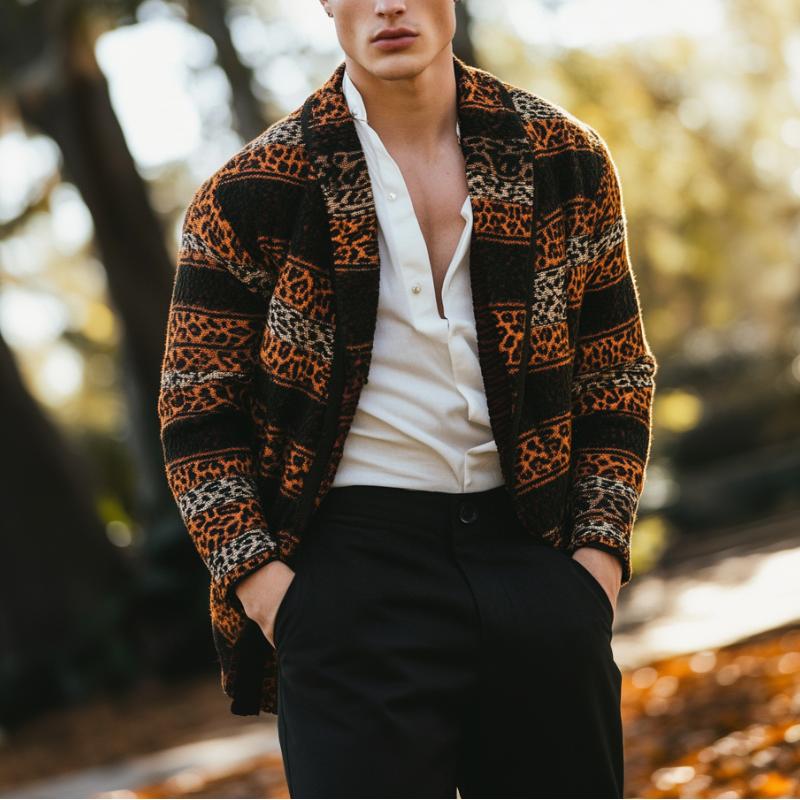 Men's Vintage Leopard Stripe Jacquard Patchwork Lapel Knitted Cardigan