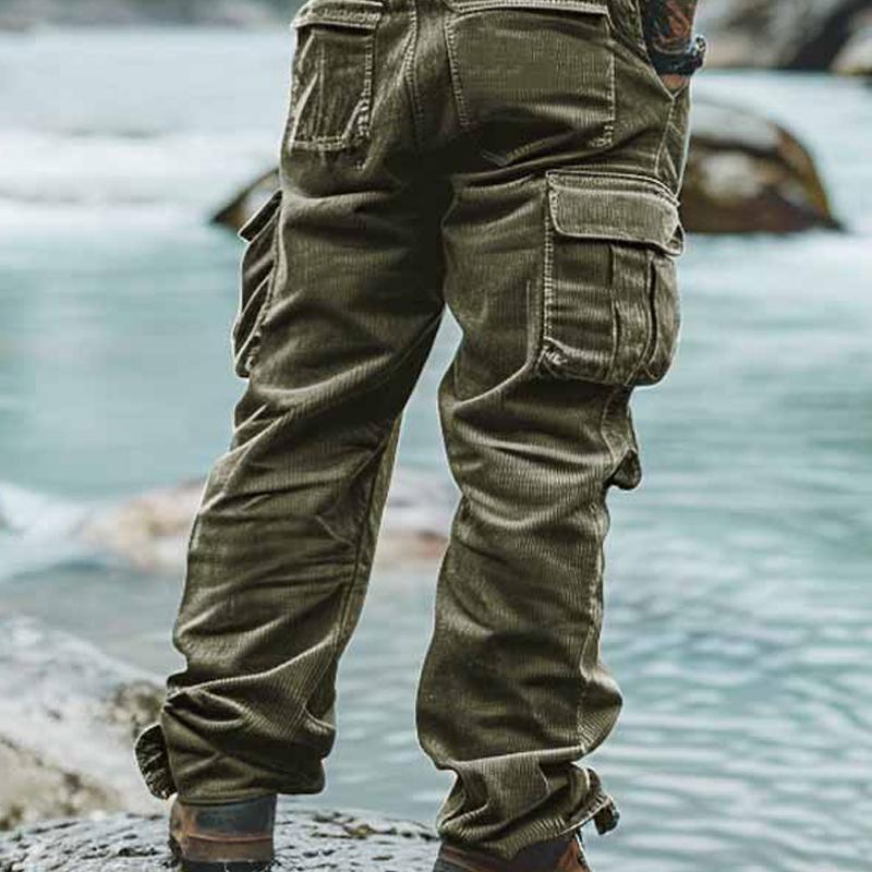 Men's Solid Corduroy Multi-pocket Straight Cargo Pants