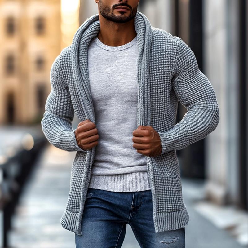 Men's Fashion Hooded Solid Color Long Sleeve Mid-length Knit Cardigan