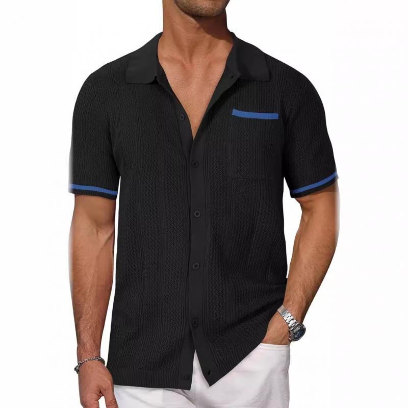 Men's Casual Color Block Lapel Hollow Knitted Short-Sleeved Cardigan 92661052M