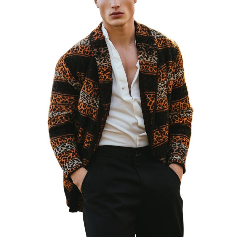 Men's Vintage Leopard Stripe Jacquard Patchwork La...