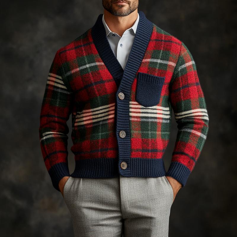 Men's Retro Christmas Colorful Plaid V-neck Chest Pocket Knit Cardigan