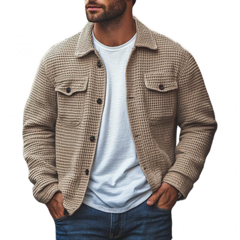 Men's Casual Knit Lapel Flap Pocket Single Breaste...