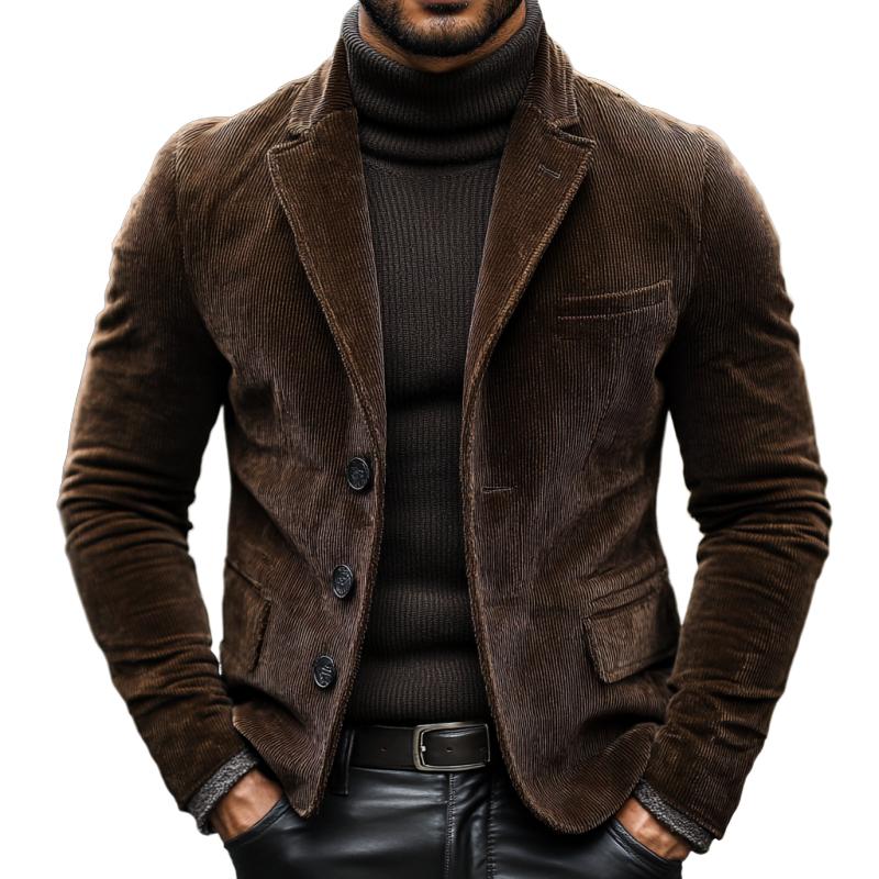 Men's Vintage Notched Lapel Thick Corduroy Slim Bl...